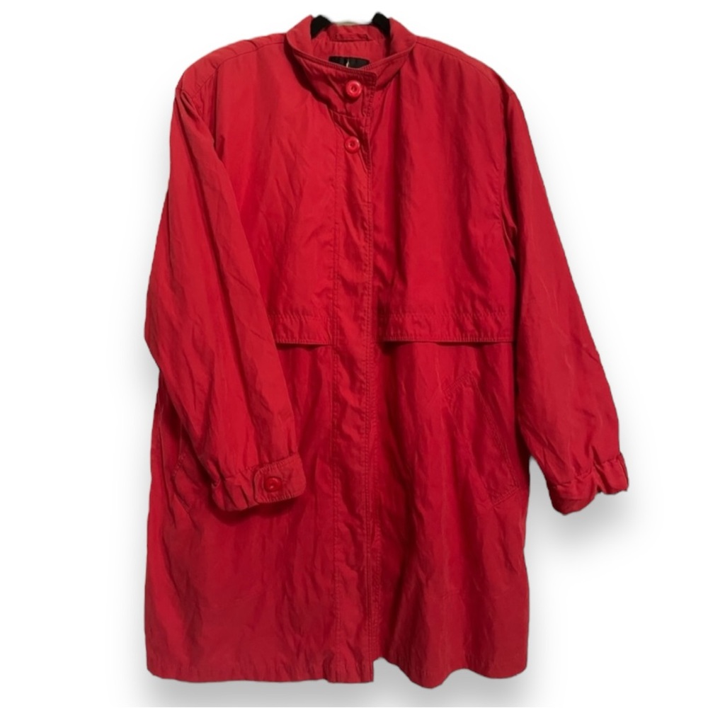 Vintage Misty Harbor Bright Red/Coral Trench Coat Long Wind Breaker Size 14 - Picture 1 of 9